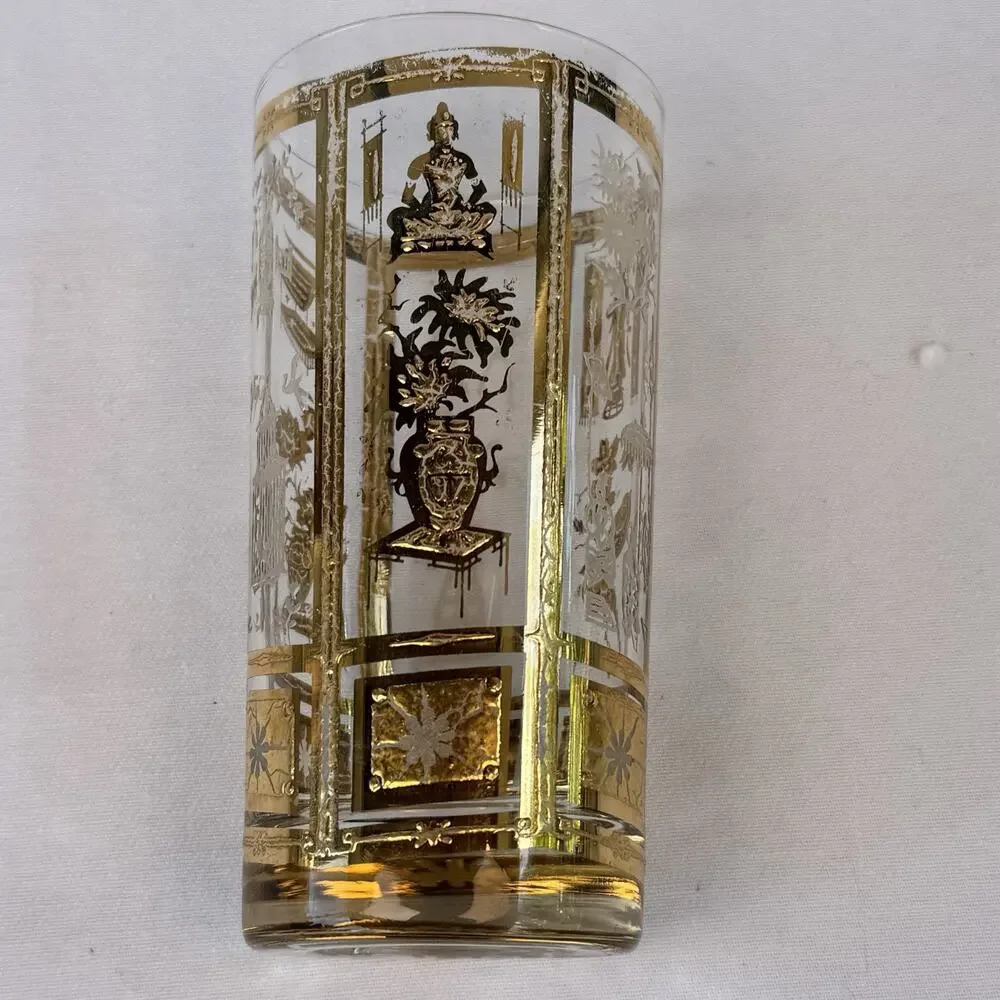 Vintage Culver 22KT Gold Asian Theme Highball Glasses MCM Pair READ